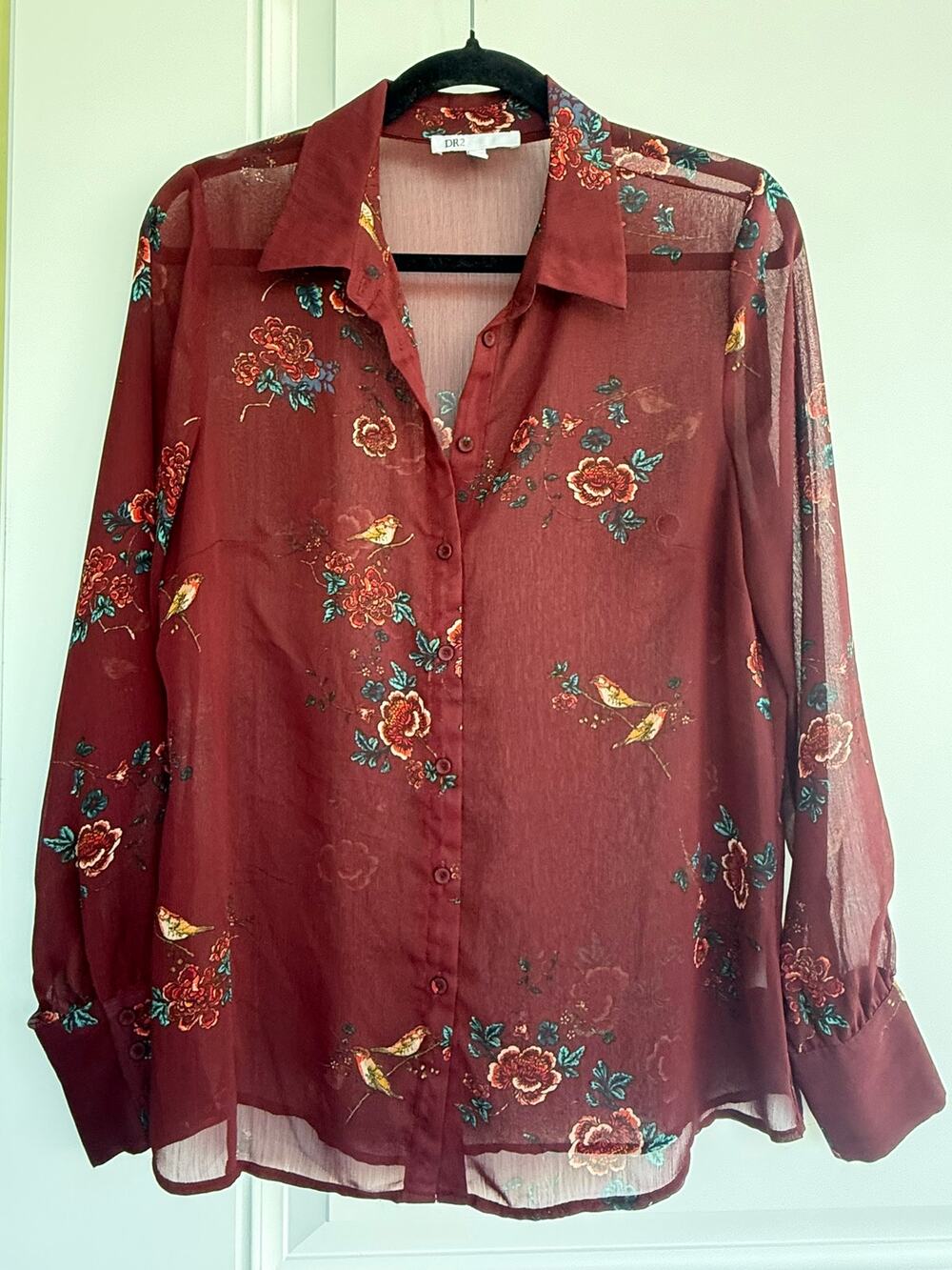 DR2 Burgundy Floral Semi Sheer Long Sleeve Blouse Size Small